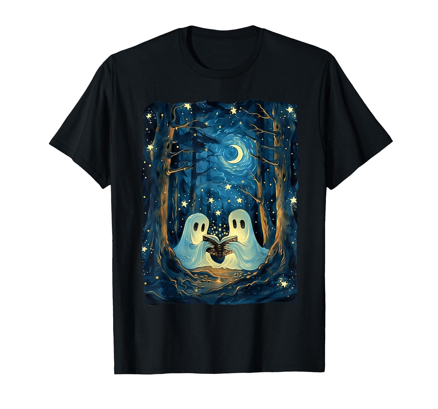 Starry Night Ghost Book Reading Camping Halloween Van Gogh T-Shirt