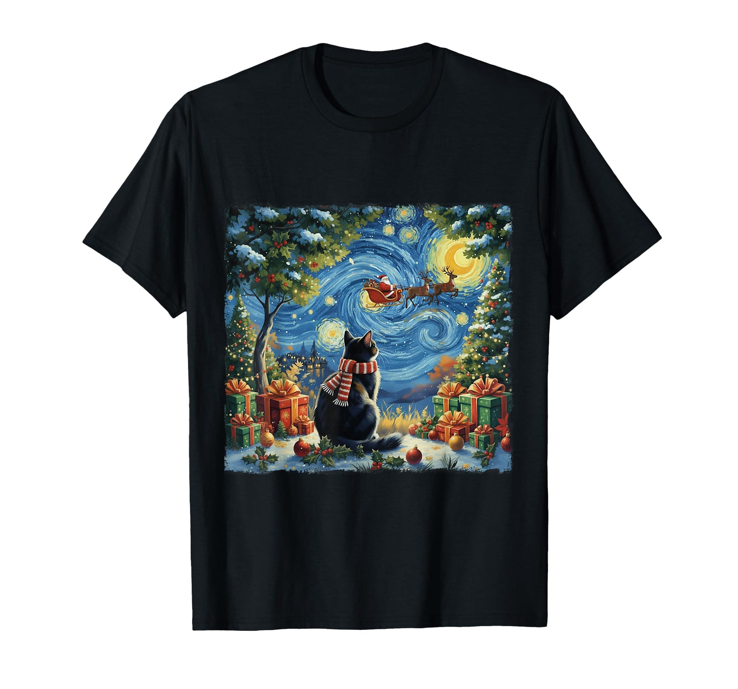 Christmas Cat Starry Night Holiday Van Gogh Xmas Santa Gifts T-Shirt