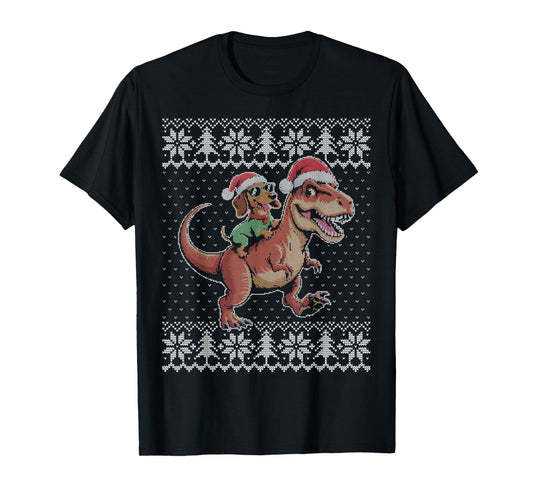 Dachshund Riding t rex Dinosaur Ugly Christmas Sweater T-Shirt