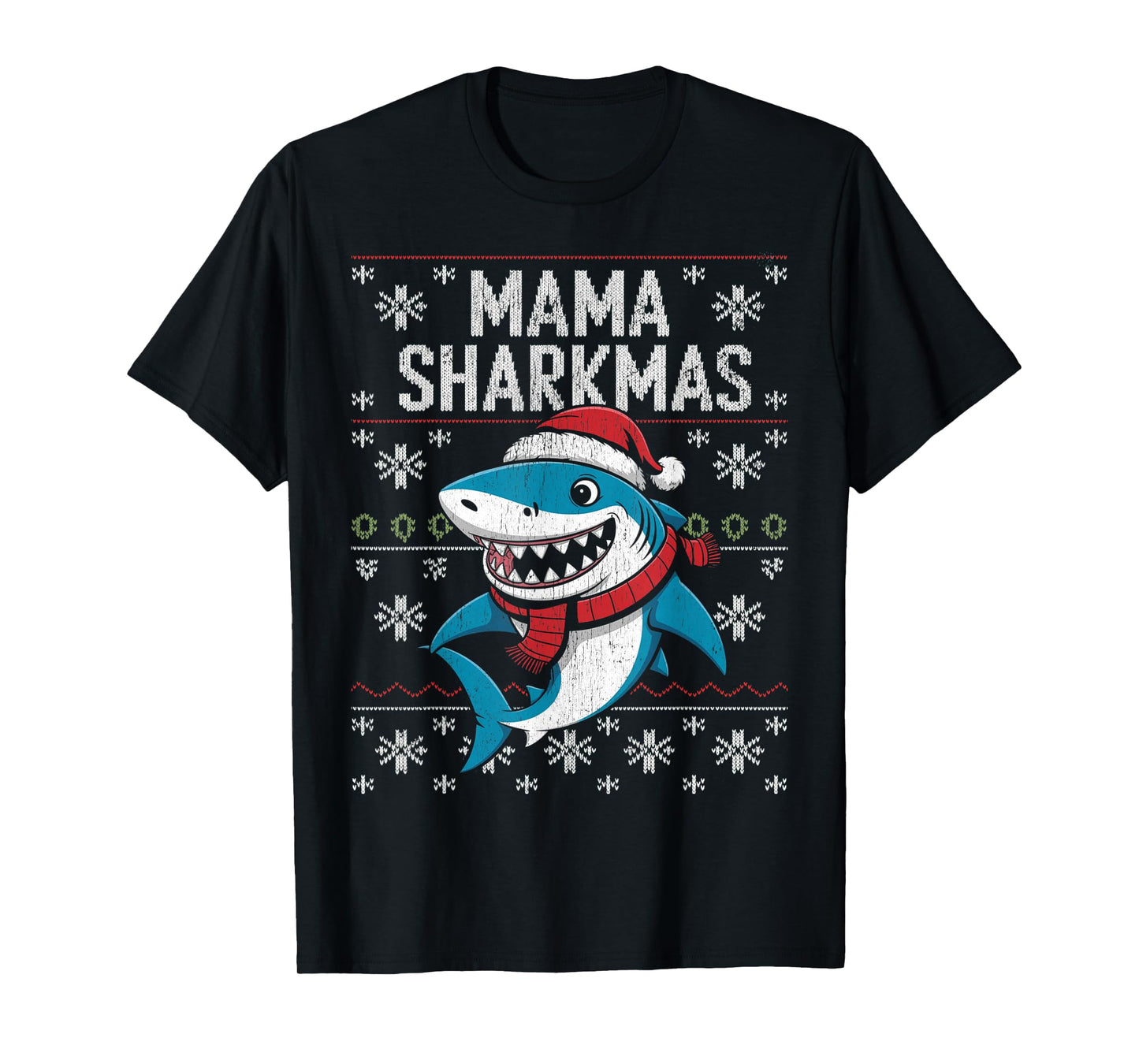 Mama Sharkmas Funny Shark Santa Hat Ugly Christmas Sweater T-Shirt
