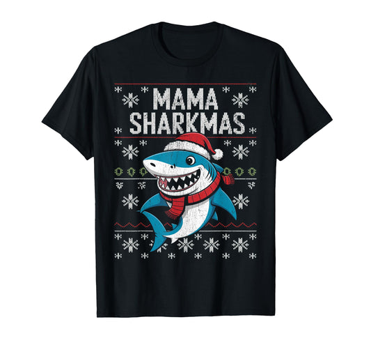 Mama Sharkmas Funny Shark Santa Hat Ugly Christmas Sweater T-Shirt