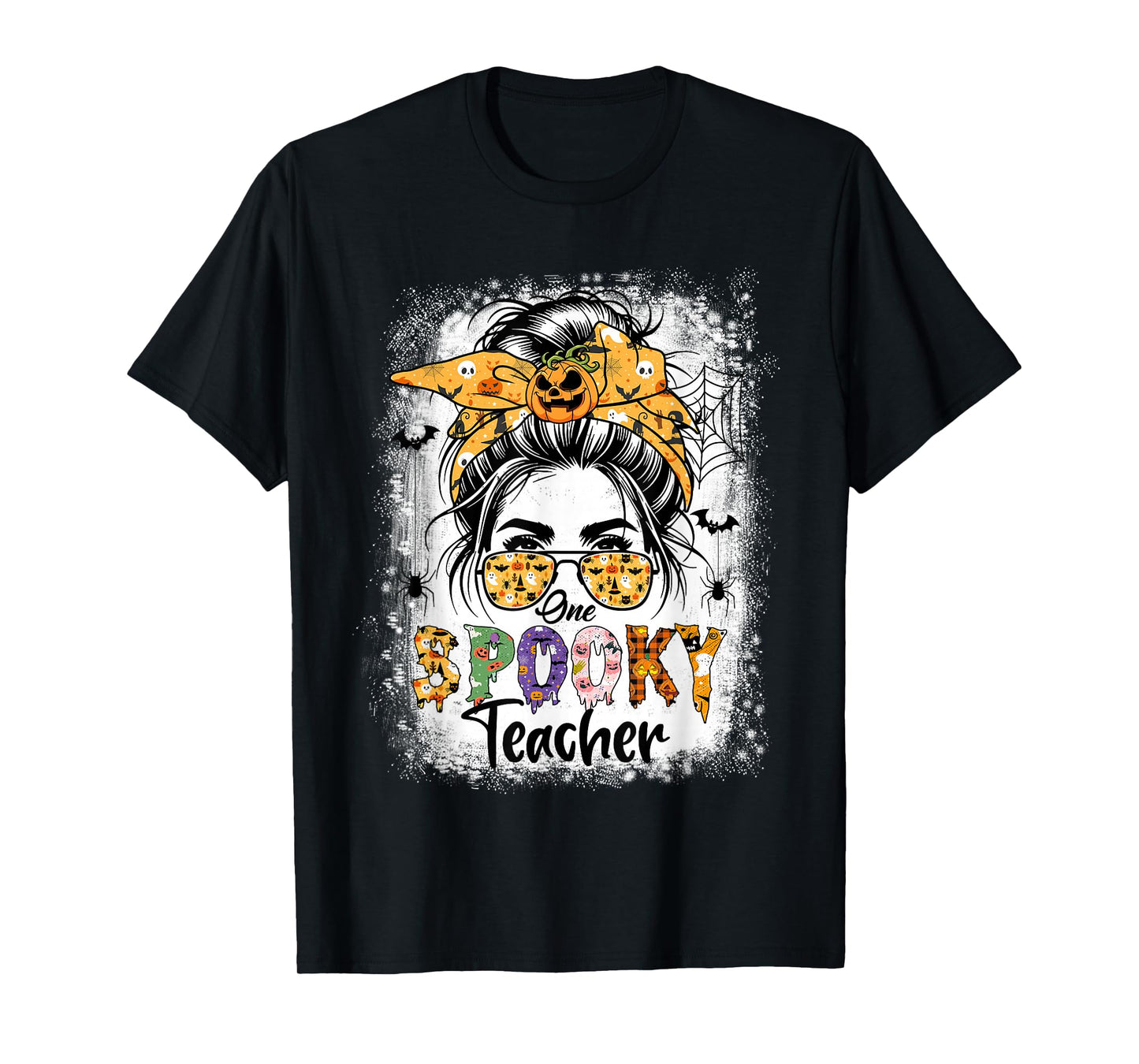 One Spooky Teacher for Halloween Messy Bun Mom Bleached T-Shirt