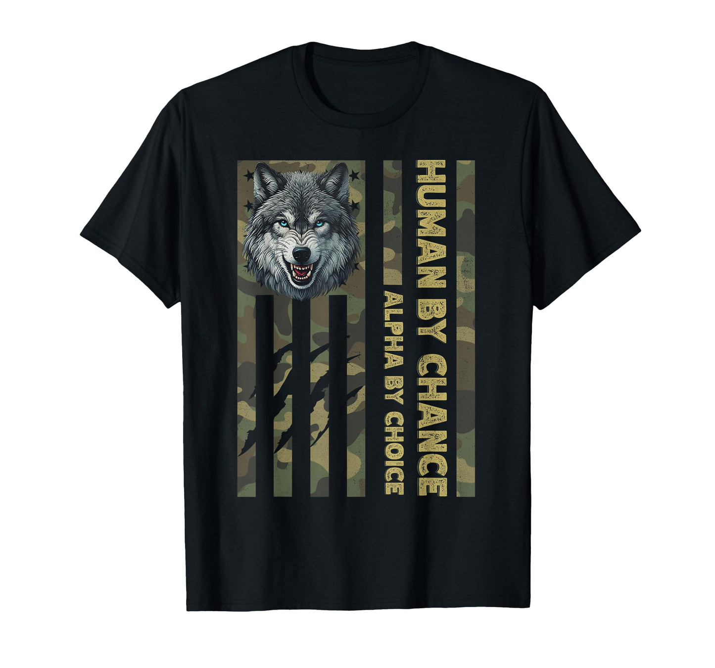 Funny Alpha Wolf Meme Human By Chance Camo American Flag USA T-Shirt