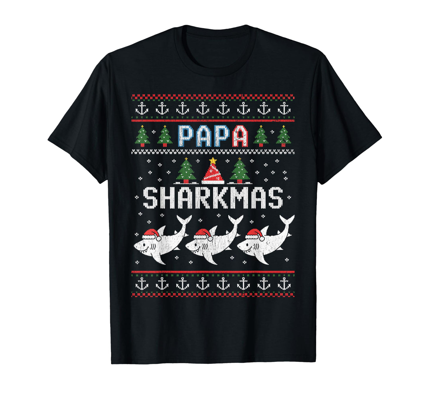 Papa Sharkmas Funny Shark Santa Hat Ugly Christmas Sweater T-Shirt