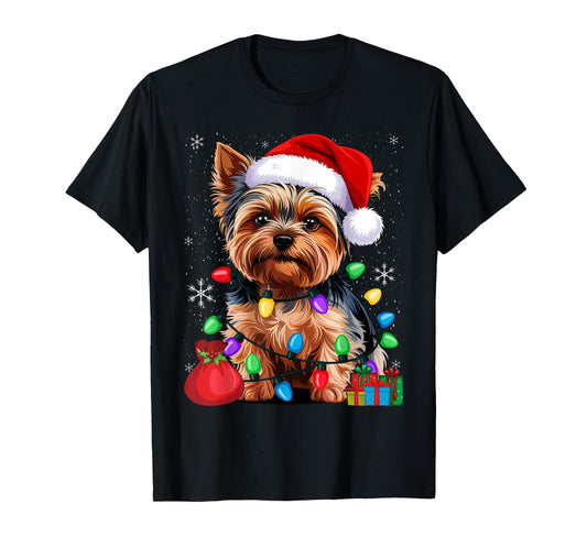 Yorkshire Christmas Yorkie Dog Santa Hat Lights T-Shirt