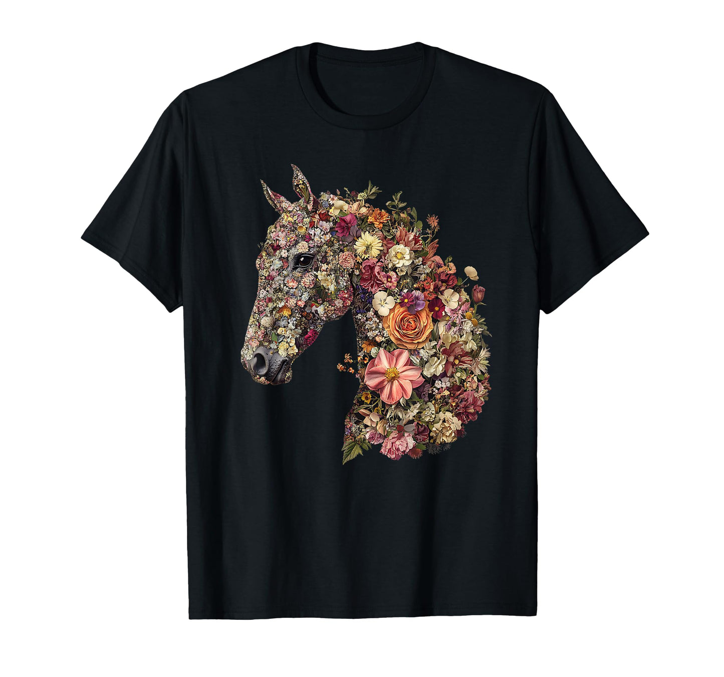 Horse Lover Gifts Floral Horse T-Shirt - Unisex-Adult, Classic Fit, Black, Small, Short Sleeve, Cotton Blend, Floral Pattern