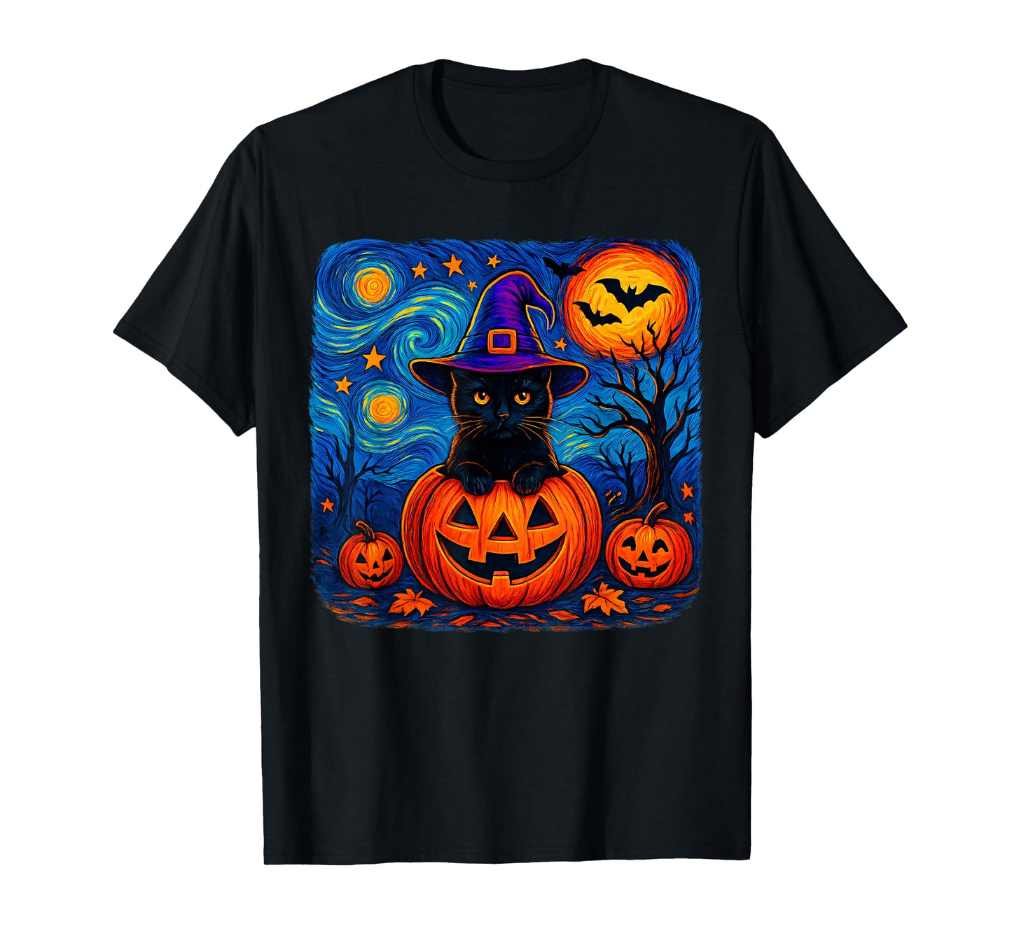 Black Cat Van Gogh Starry Night Halloween Costume Men Women T-Shirt