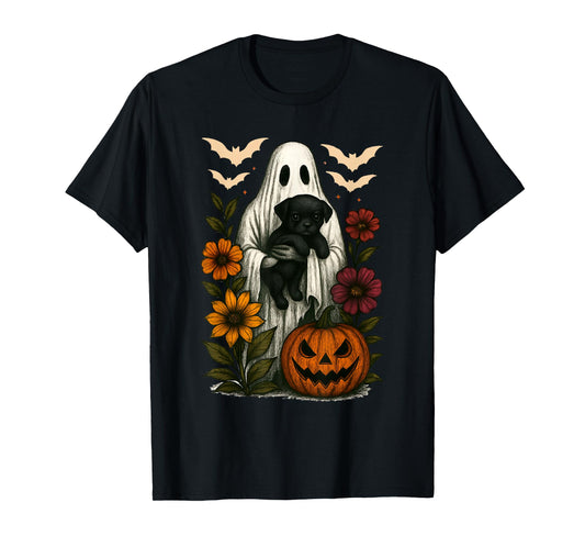 Floral Ghost Black Dog Coquette Funny Halloween Design T-Shirt