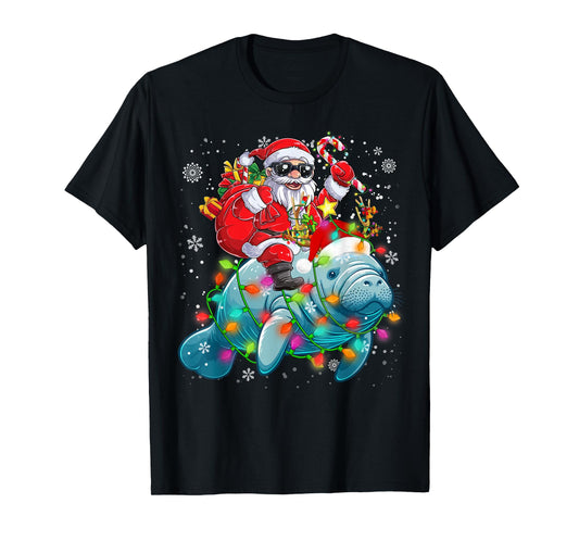 Santa Riding Manatee Reindeer Christmas Lights Sea Animal T-Shirt