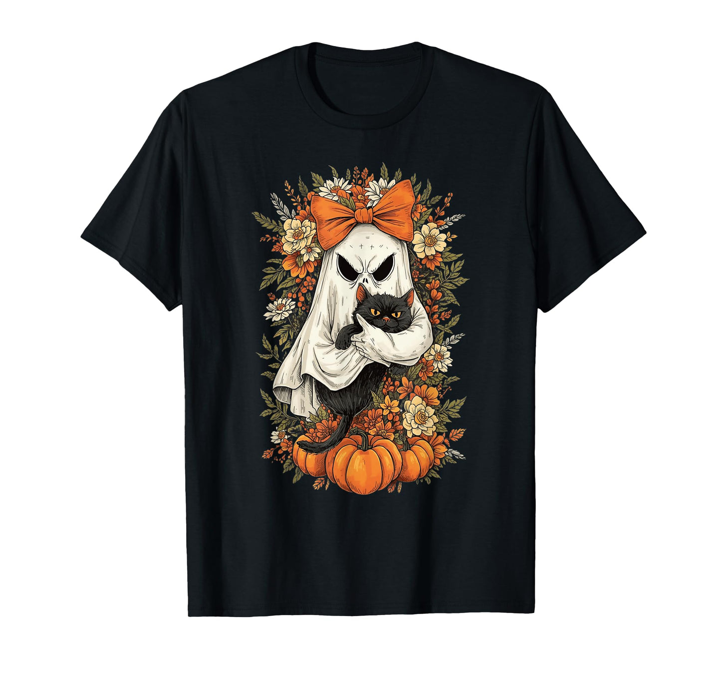 Vintage Halloween Ghost Holding Black Cat Groovy Floral T-Shirt