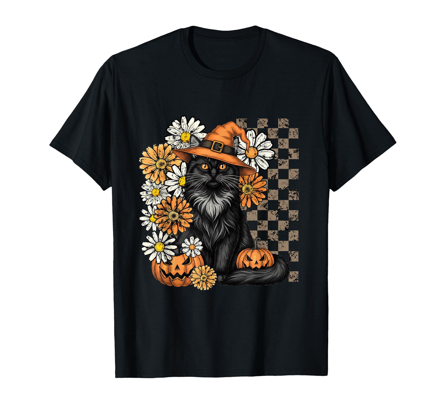 Vintage Halloween Feline Pumpkin Fall Checkerboard T-Shirt