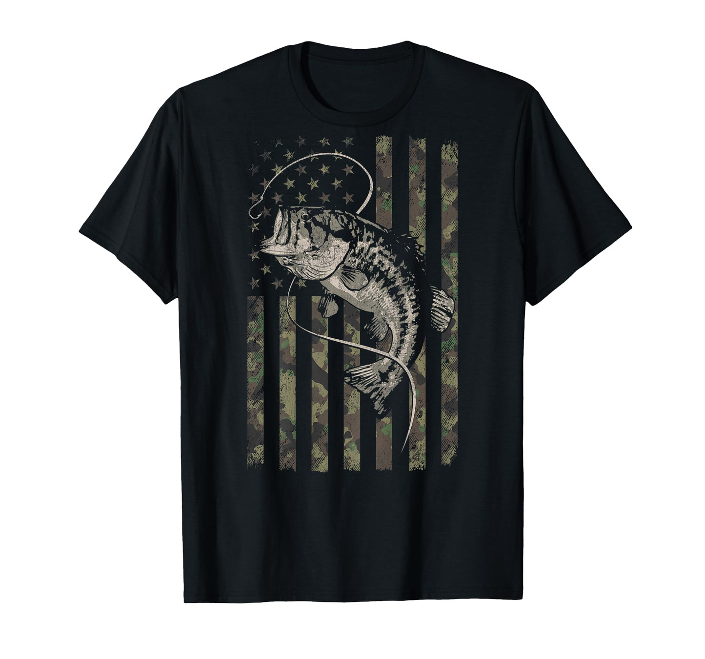 Fishing Camo American Flag Bass Fish (Design on Back) T-Shirt