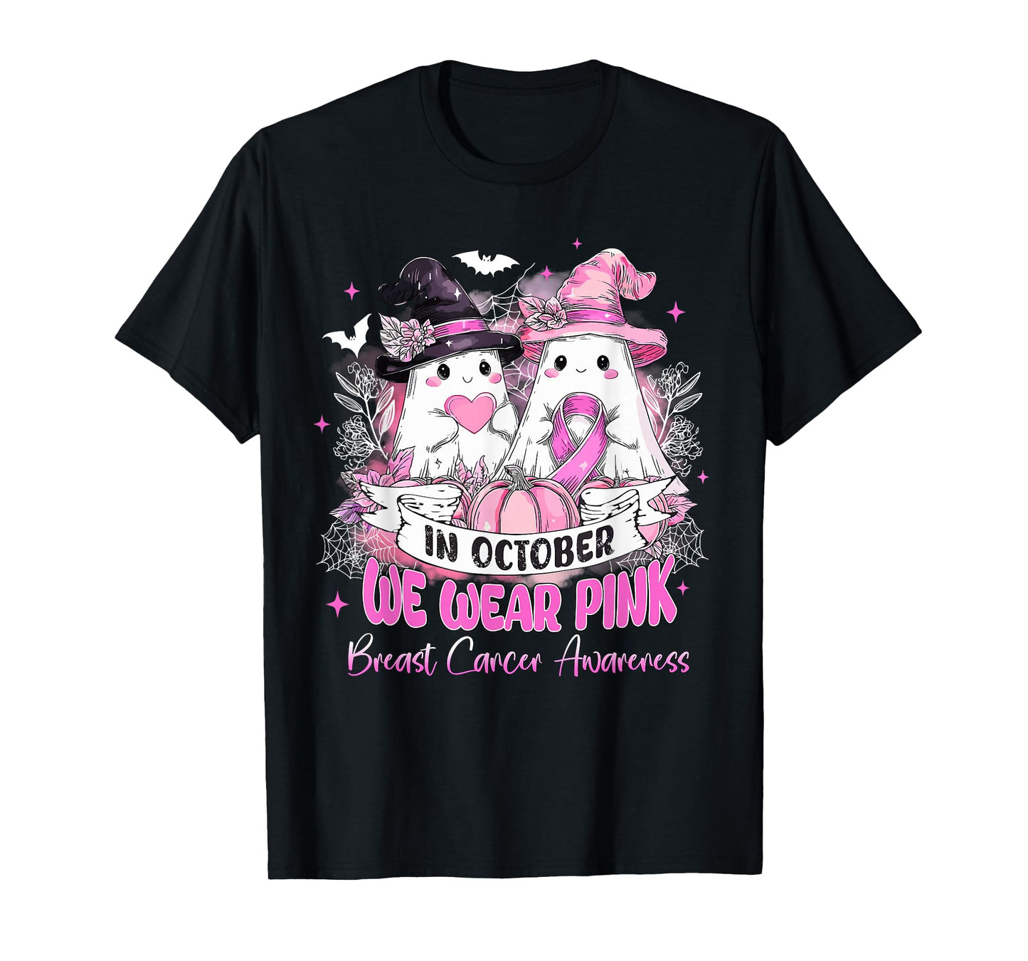 in October We Wear Pink Ghost Witch Breast Cancer Awareness T-Shirt