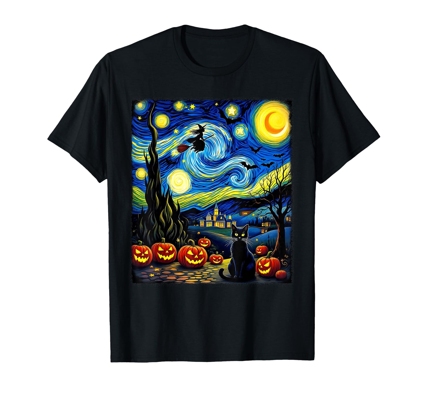 Black Cat Flying Witch Van Gogh Starry Night Party Costume T-Shirt