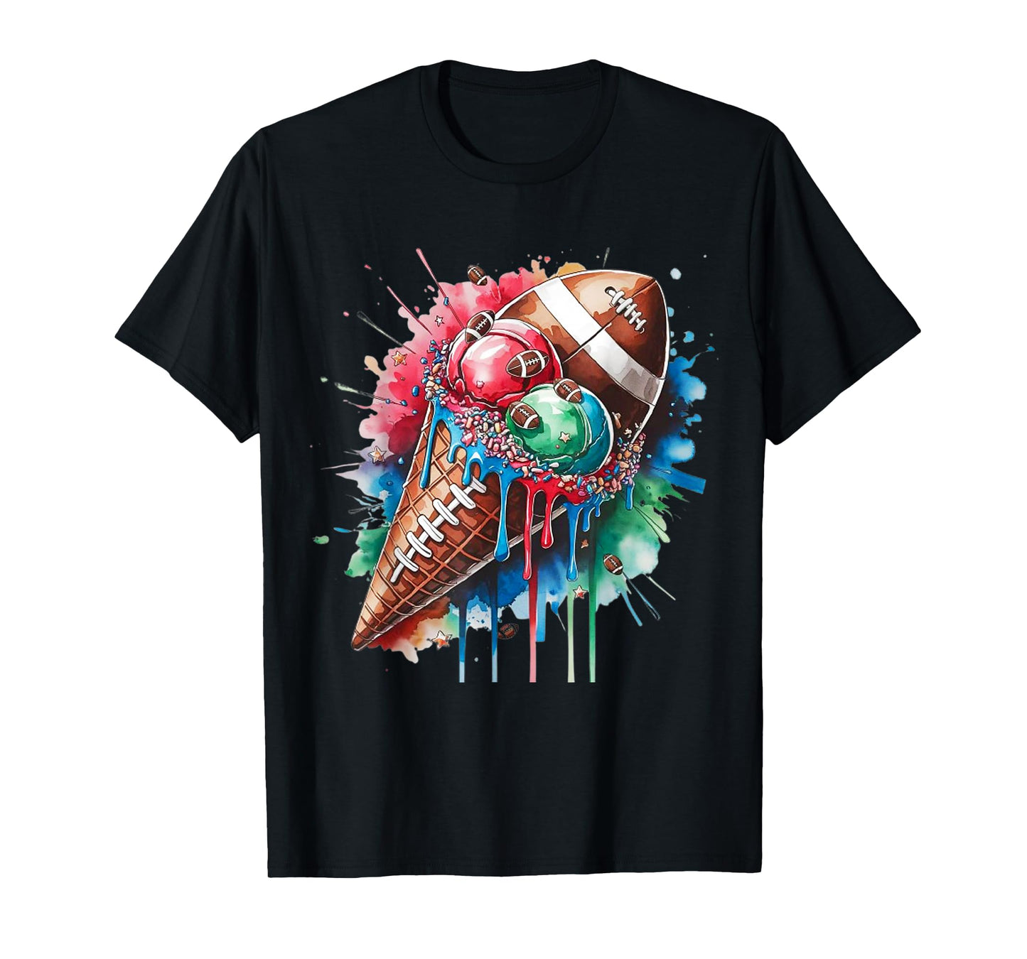 Football Drip Ice Cream Watercolor Cone with Sprinkles T-Shirt