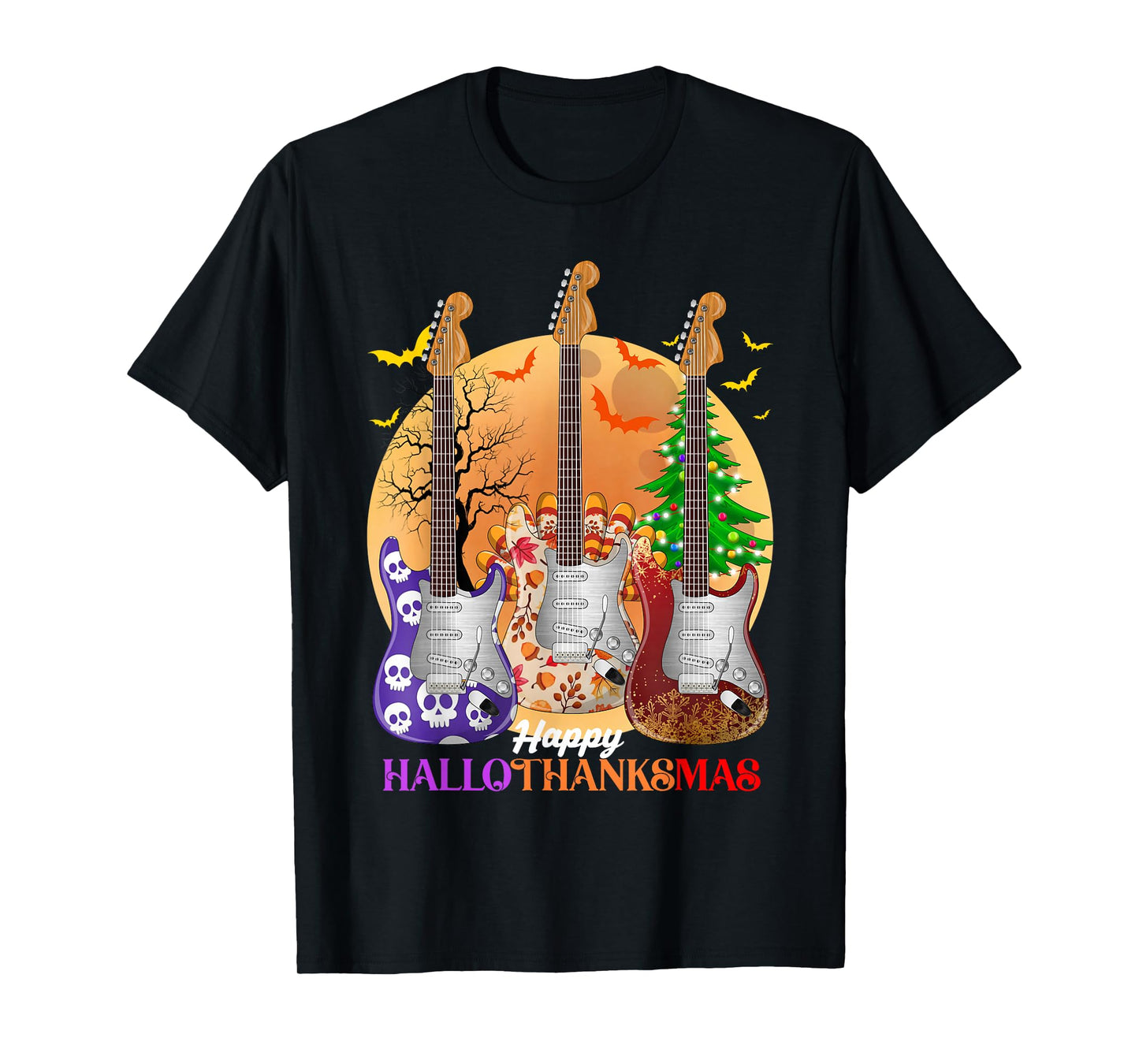 Happy HalloThanksMas Guitar Halloween Thanksgiving Christmas T-Shirt