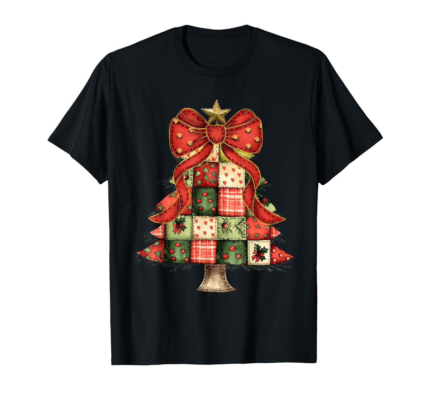 Christmas Tree Patchwork Coquette Bow Xmas Pajamas Holiday T-Shirt