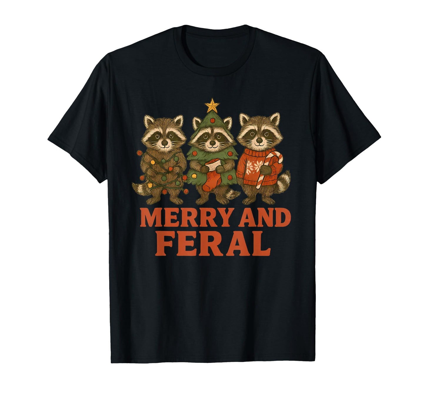 Raccoons Merry and Feral Funny Raccoon Christmas Lights T-Shirt