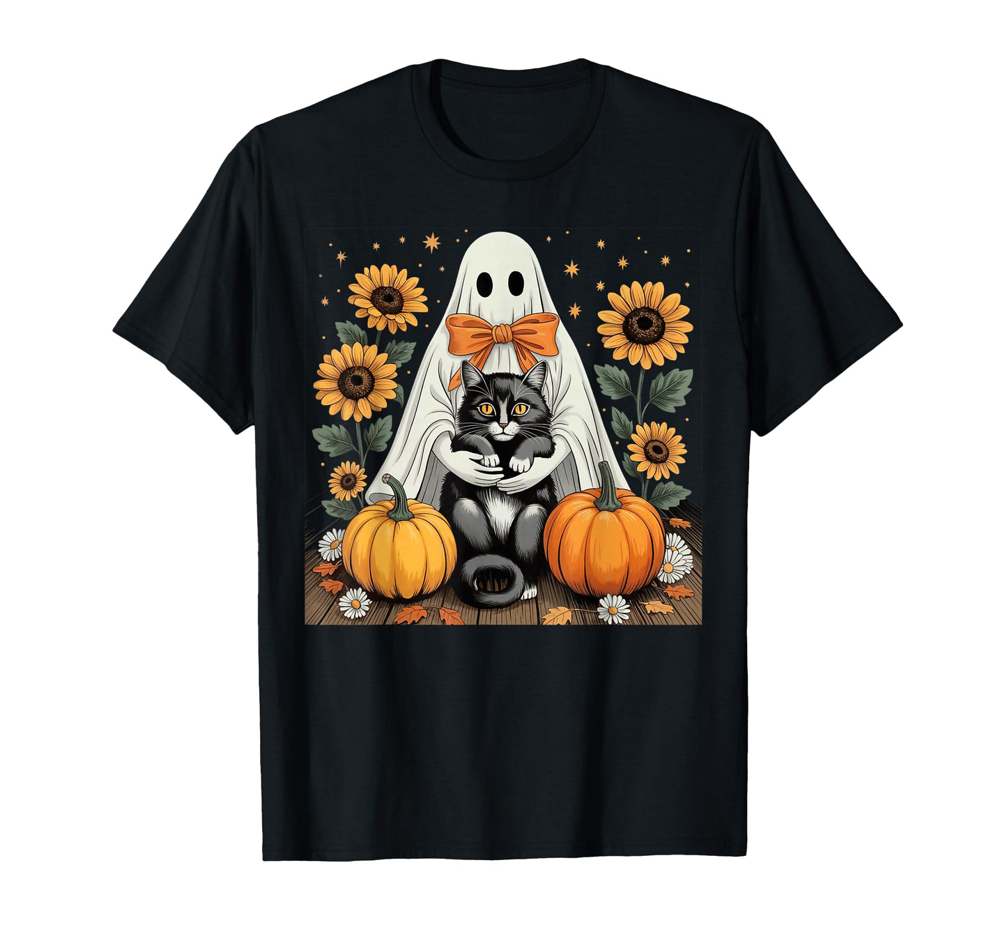 Womens Halloween Ghost Black Cat Ghost Halloween Girls T-Shirt