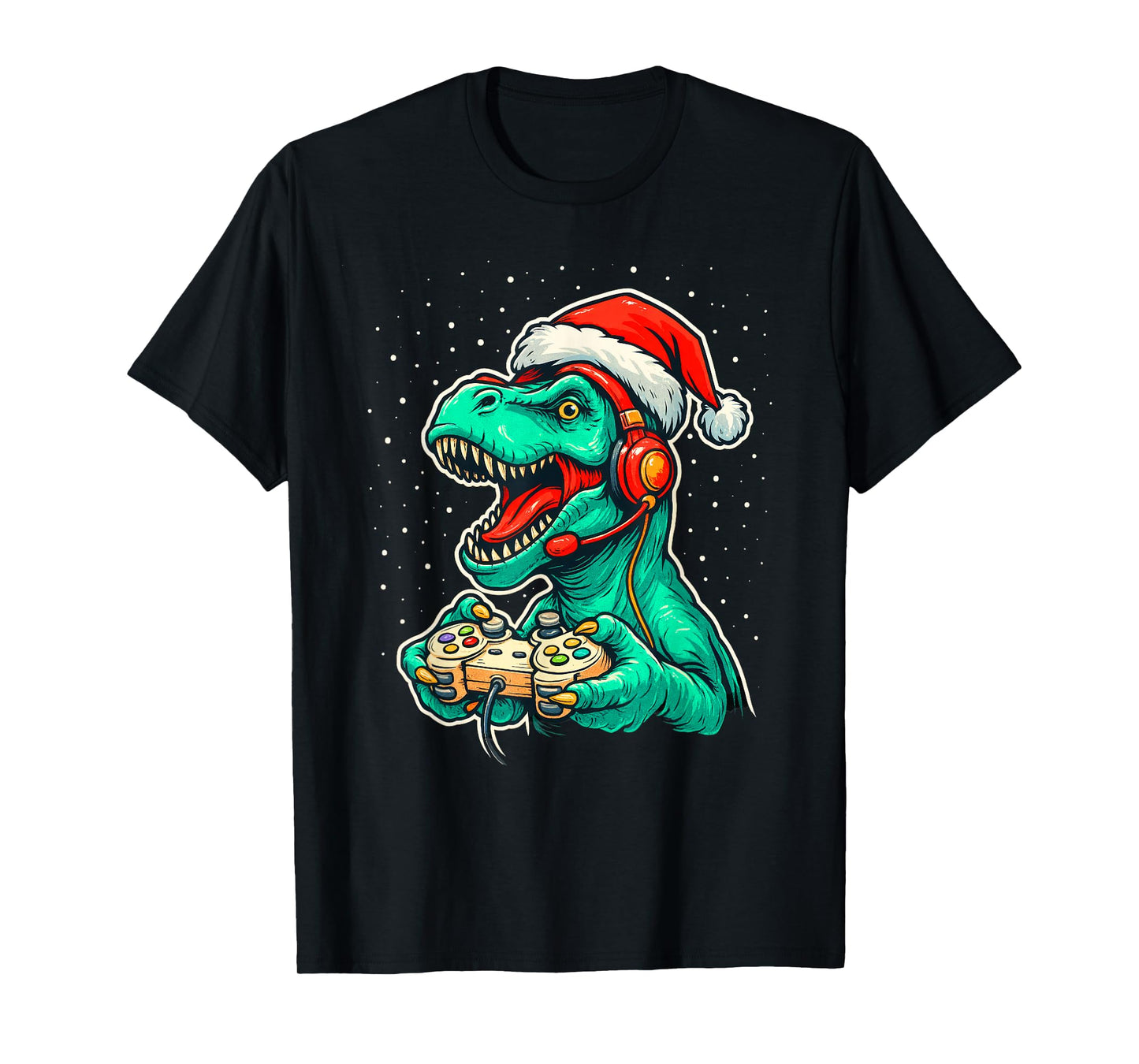 Dinosaur T Rex Playing Video Game Santa Hat Christmas T-Shirt