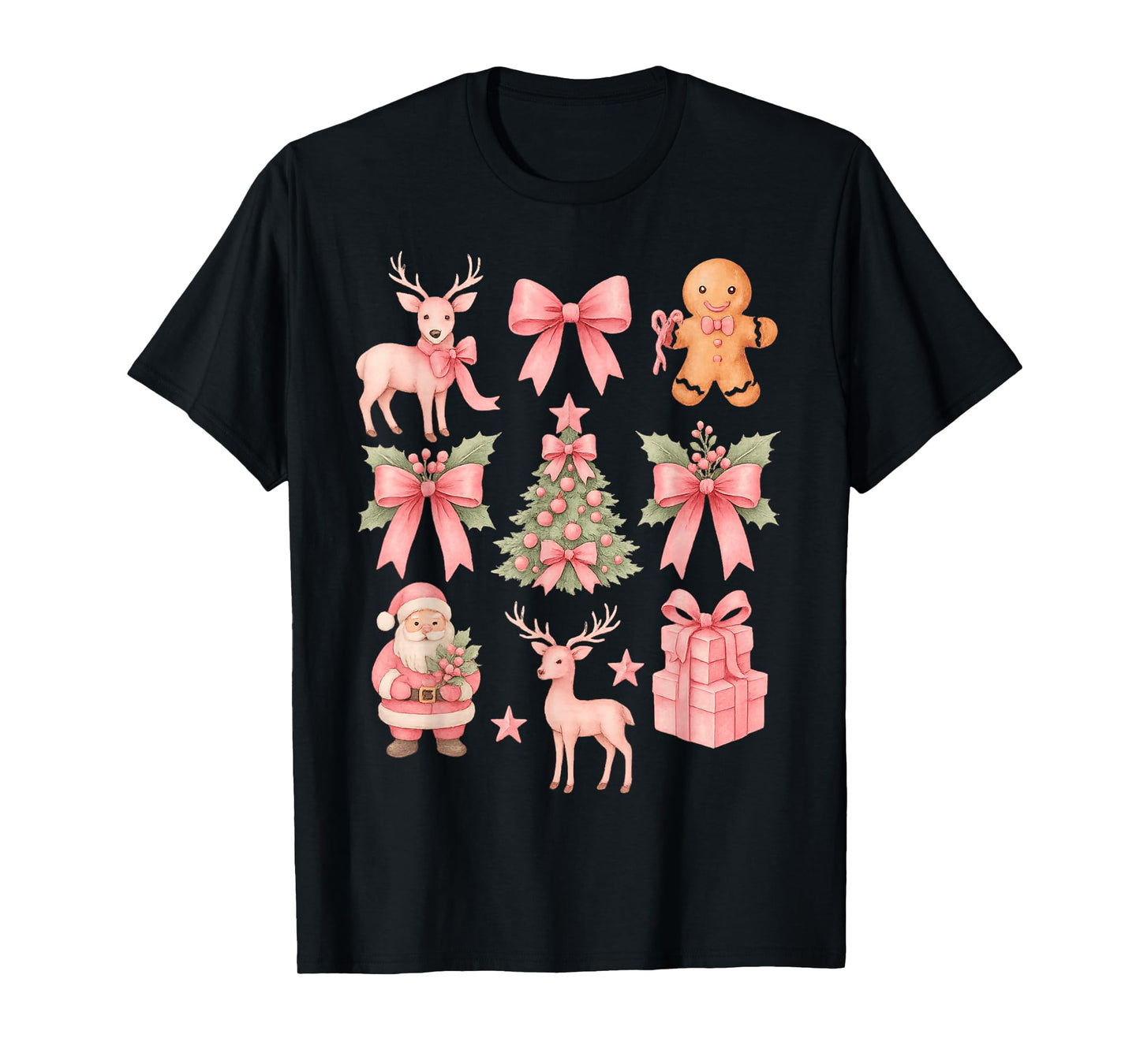 Preppy Coquette Bow Pink Christmas Tree Santa Gingerbread T-Shirt