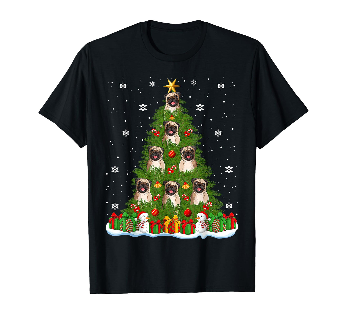 Pug Dogs Christmas Tree Holiday Decor Funny Pug Xmas Lights T-Shirt