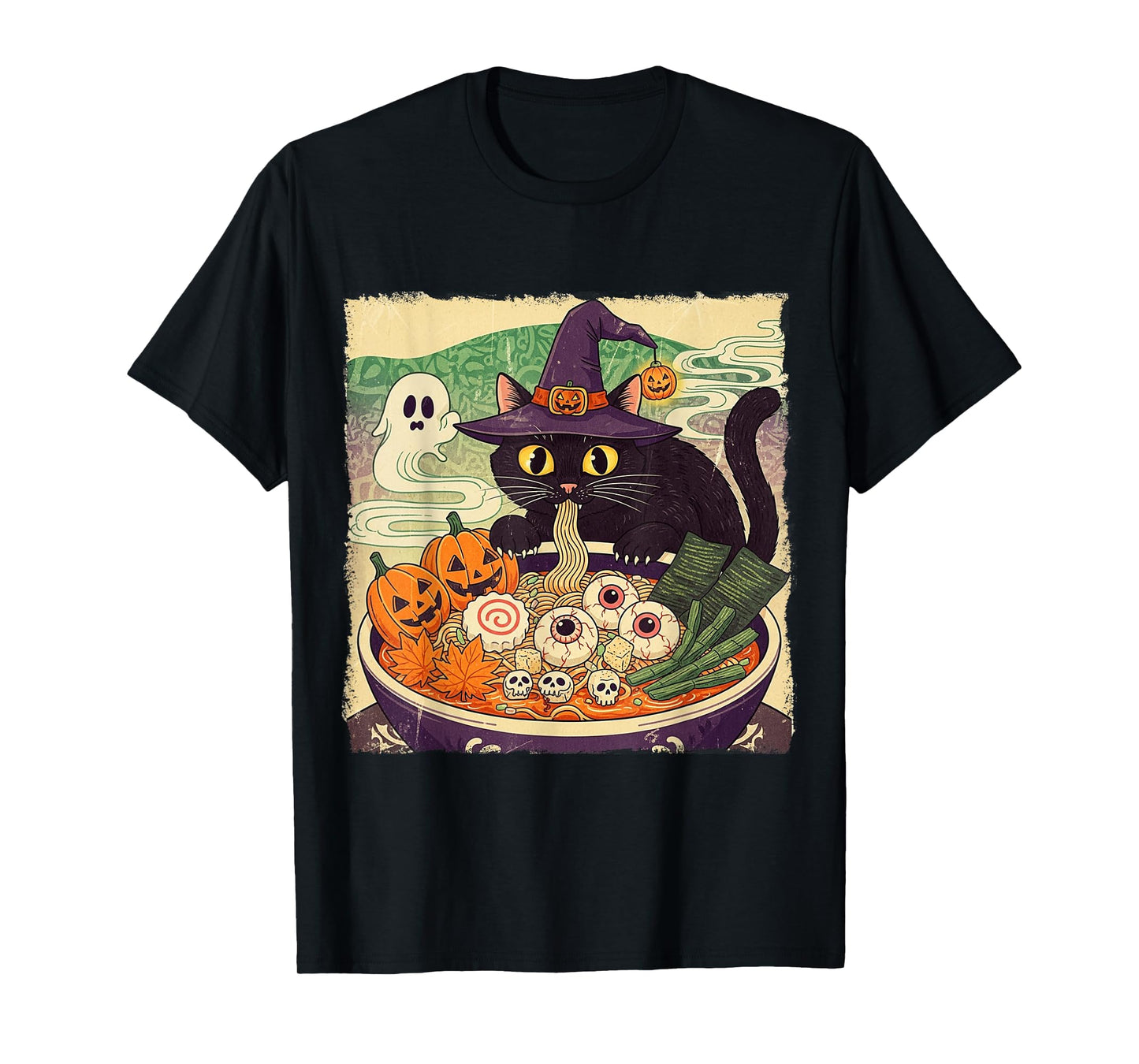 Vintage Spooky Ramen Witch Cat Retro Japanese Halloween T-Shirt