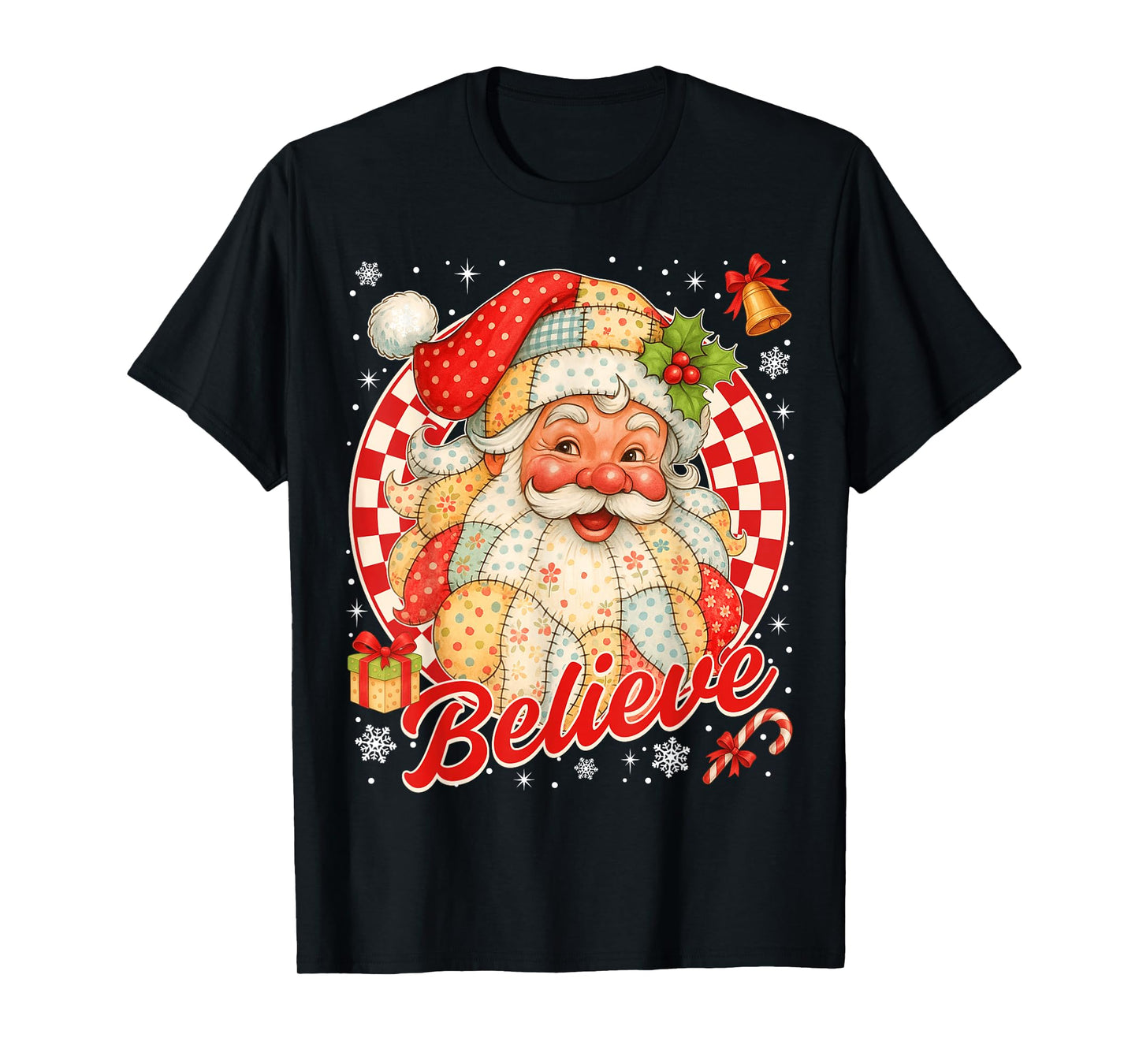 Vintage Santa Claus Believe Patchwork Christmas Women Girls T-Shirt