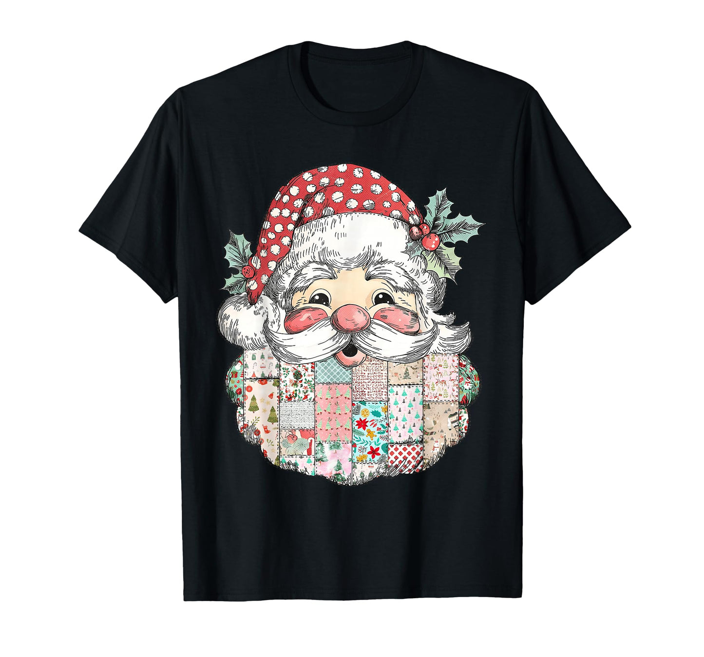 Patchwork Santa Claus Face Vintage Merry Christmas Xmas T-Shirt