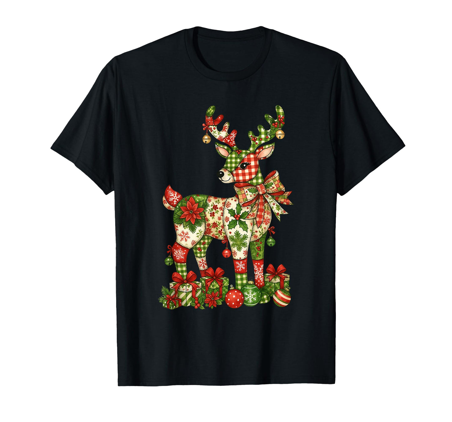 Christmas Patchwork, Reindeer Xmas, Christmas Santa Reindeer T-Shirt