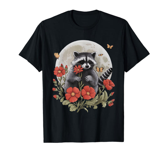 Vintage Raccoon Floral Cottagecore Full Moon Flowers T-Shirt