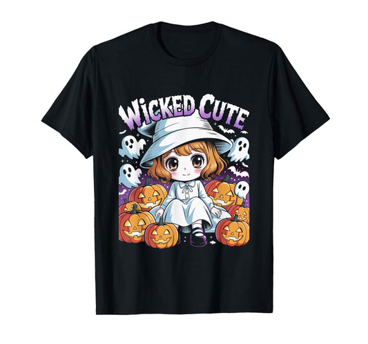 Halloween Anime Cute Witch Girls Pumpkin Bats Ghosts Kids T-Shirt