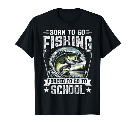 Teen Boys Fishing Shirt Forced To Go To School Bass Fish T-Shirt