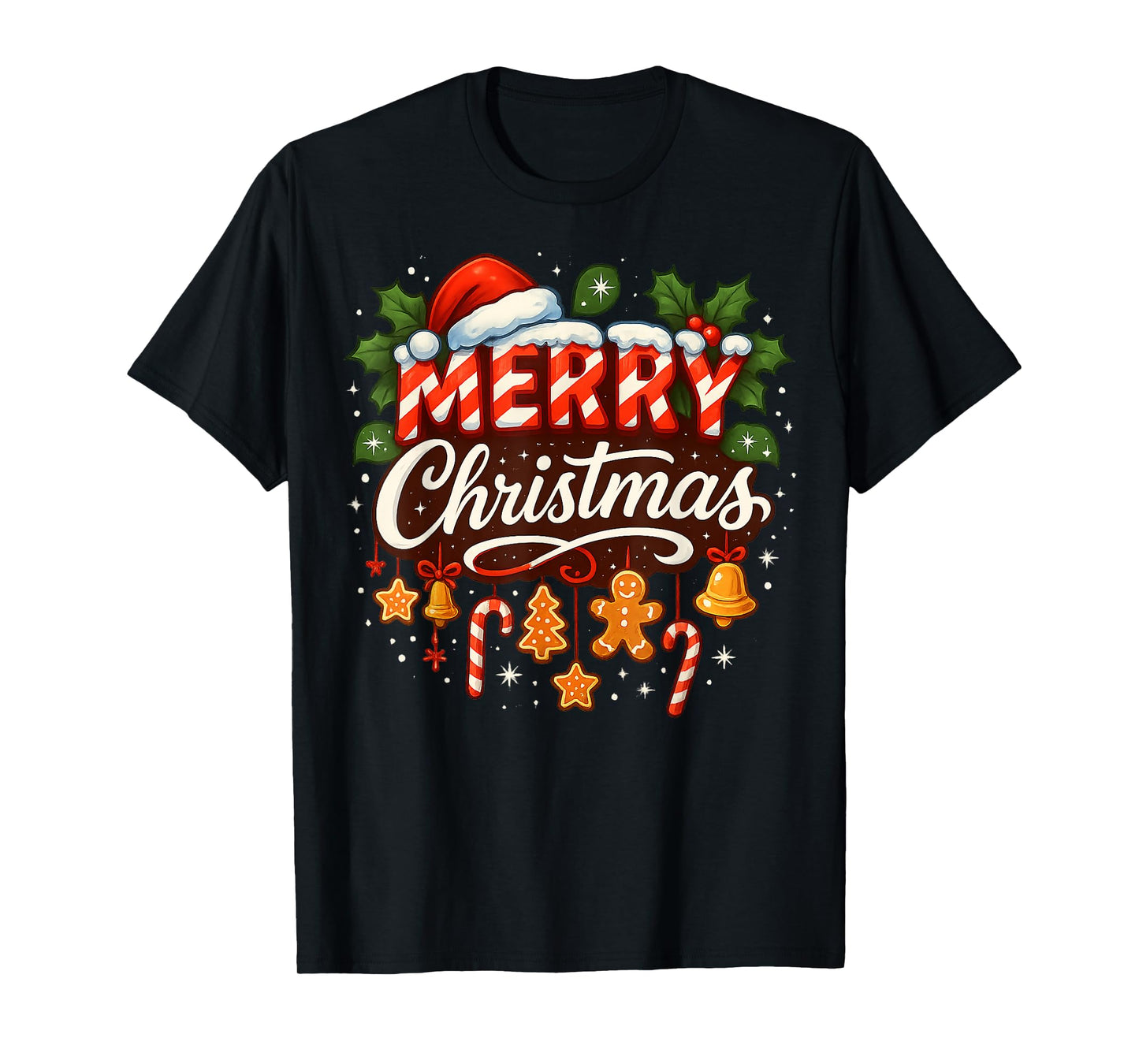 Merry Christmas Lights Red Santa Hat Family Xmas Pajamas T-Shirt
