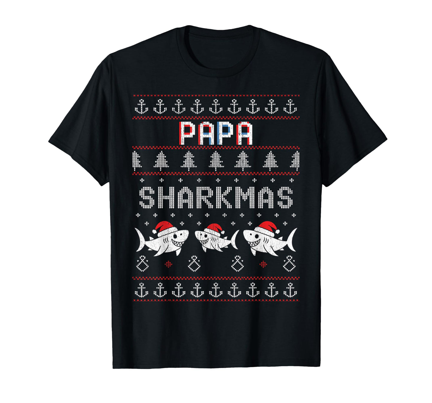 Papa Sharkmas Funny Shark Santa Hat Ugly Christmas Sweater T-Shirt