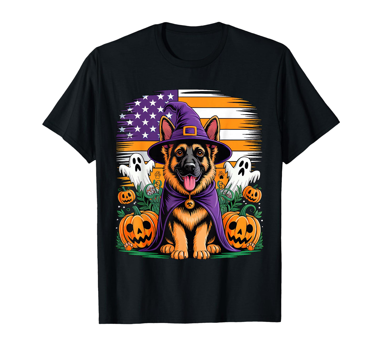German Shepherd Cosplay Witch Halloween Owner Horror US Flag T-Shirt