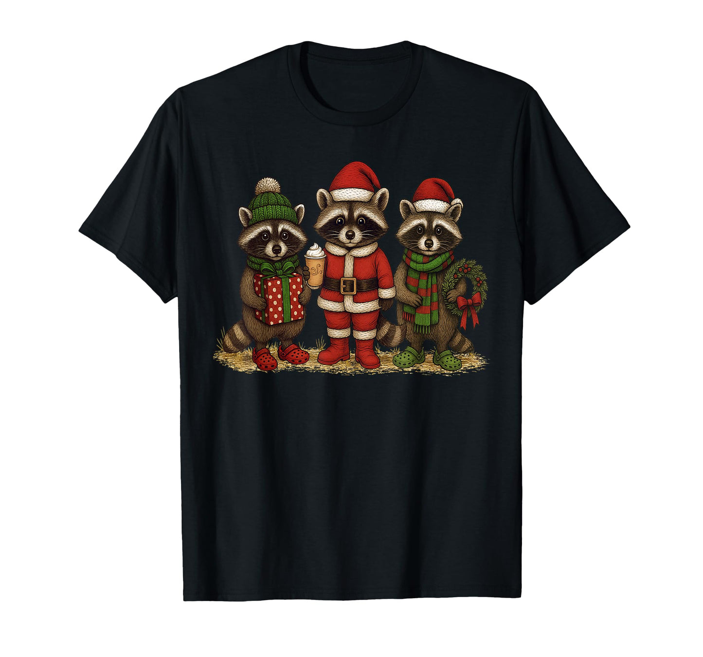 Cute But Feral Funny Raccoon Christmas Santa Hat Men Women T-Shirt