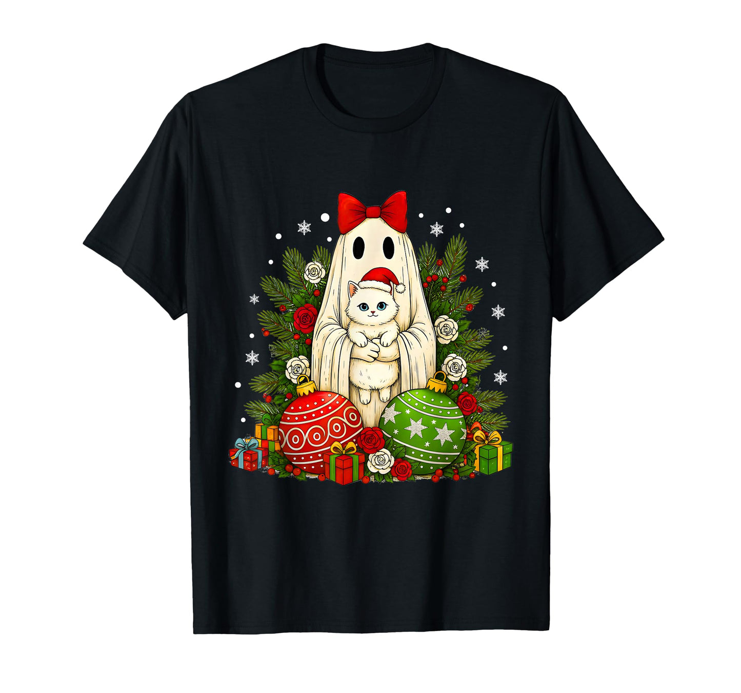 Vintage Christmas Ghost Holding White Cat Groovy Floral T-Shirt