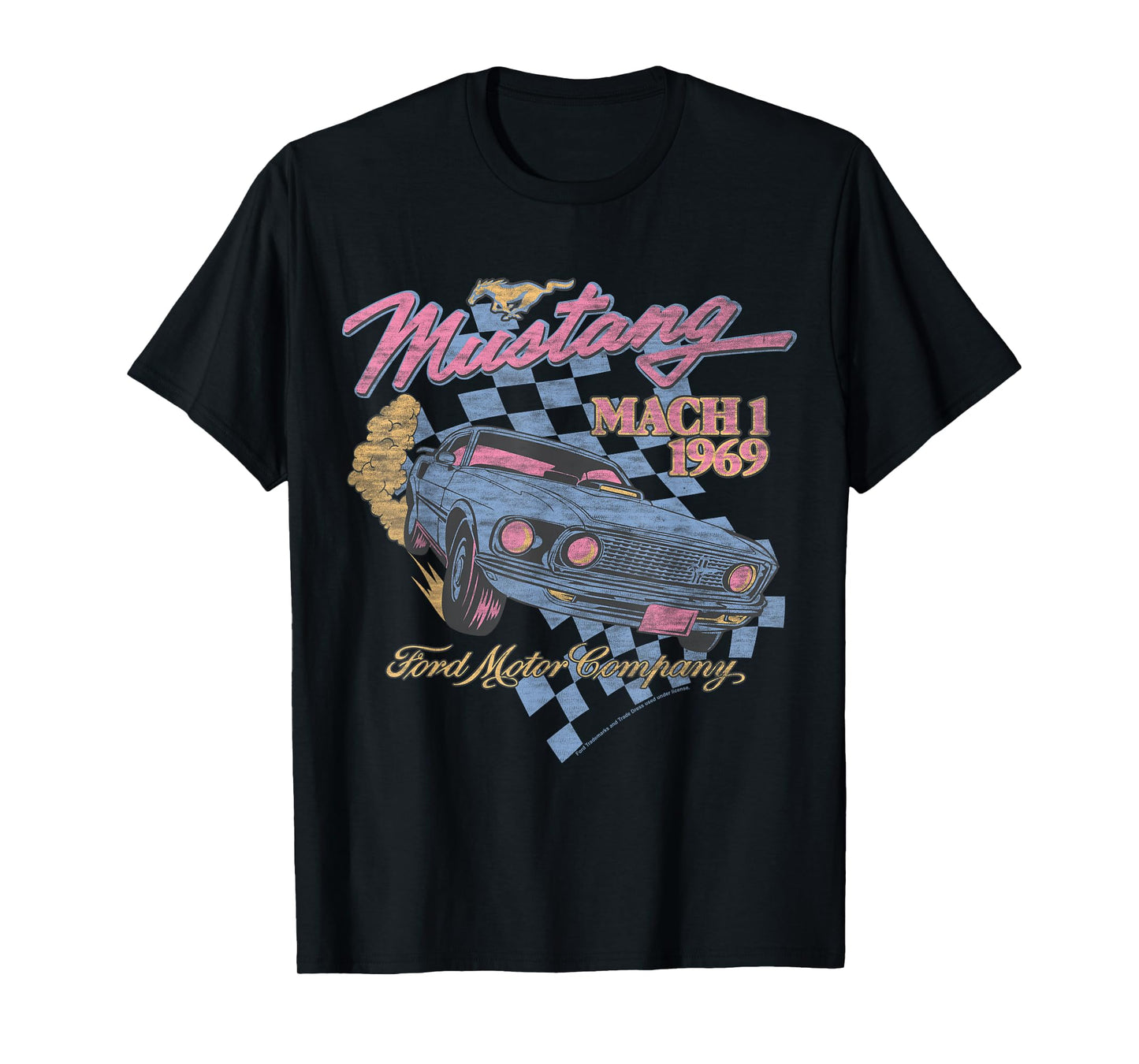 Ford - Blue Mustang Mach 1 1969 Checkered Background T-Shirt
