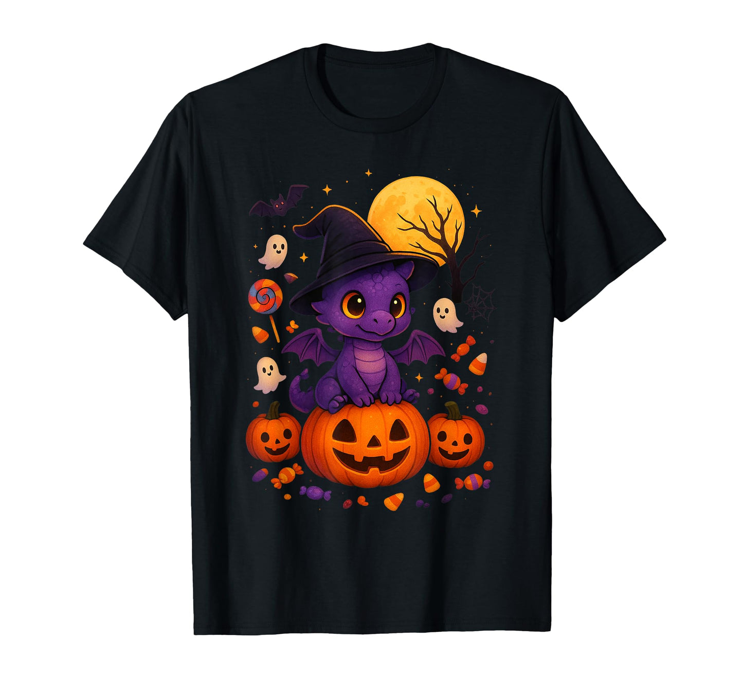 Cute Halloween Dragon Witch Hat Pumpkin Moon Fantasy T-Shirt