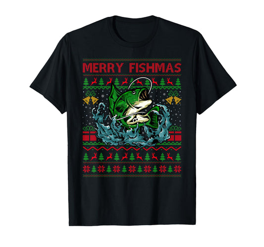Fishing Ugly Christmas Sweaters Xmas Pajamas Merry Fishmas T-Shirt