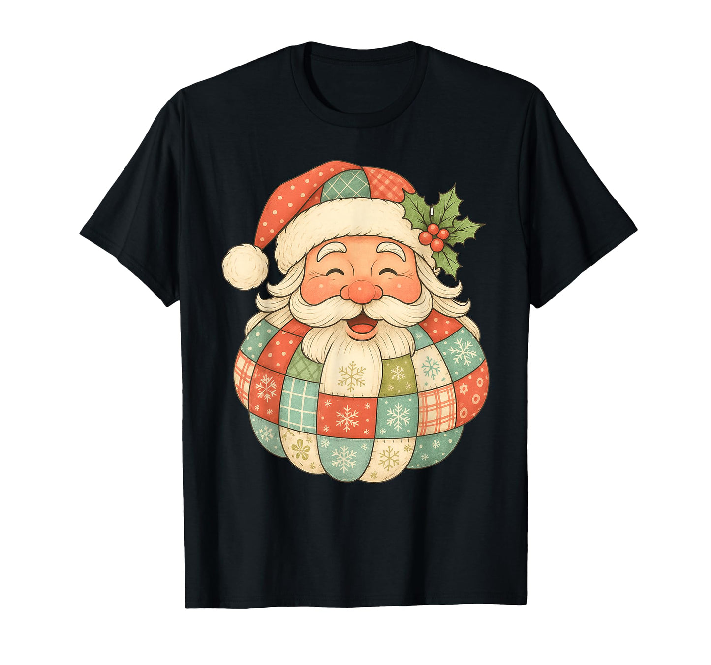 Vintage Christmas Santa Claus Patchwork Art Face T-Shirt