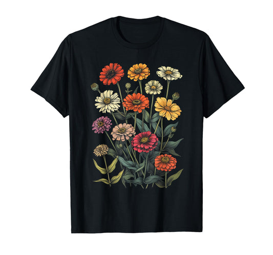 Vintage Botanical Zinnia Flower Girl Cute Floral Plant Mom T-Shirt