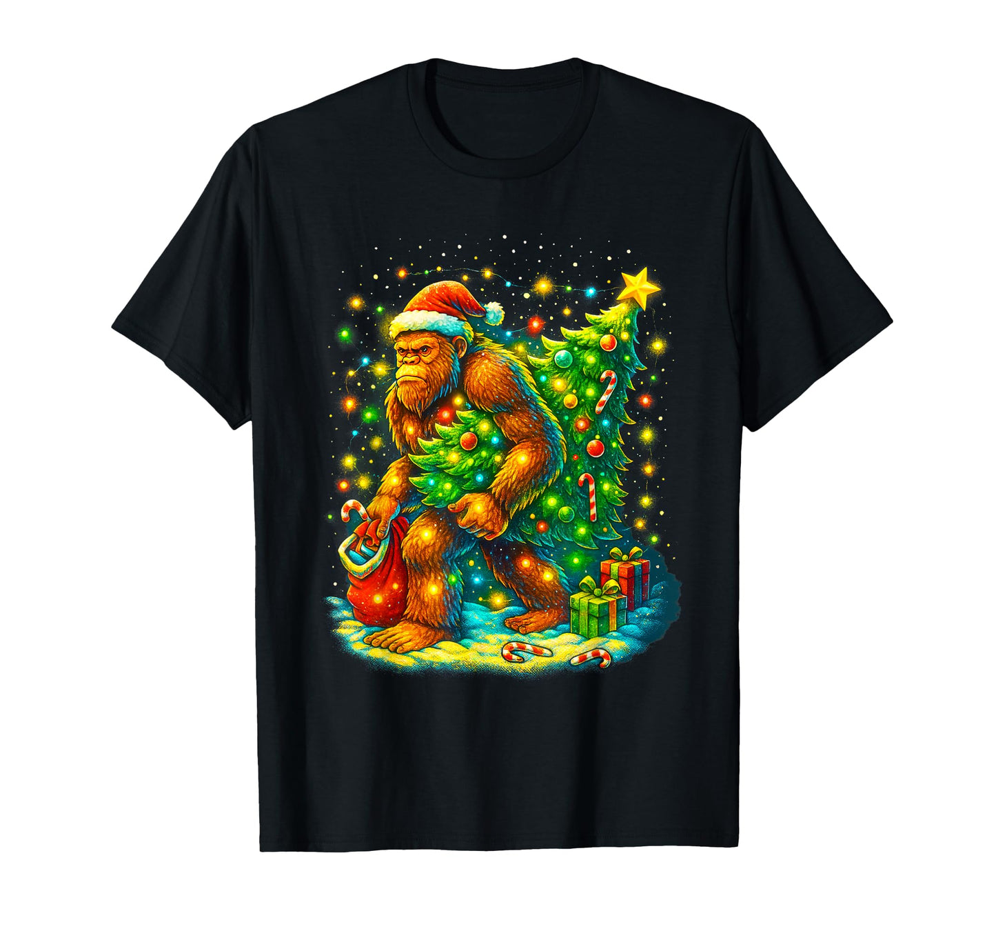 Santa Bigfoot Christmas Tree Funny Sasquatch Xmas Lights T-Shirt