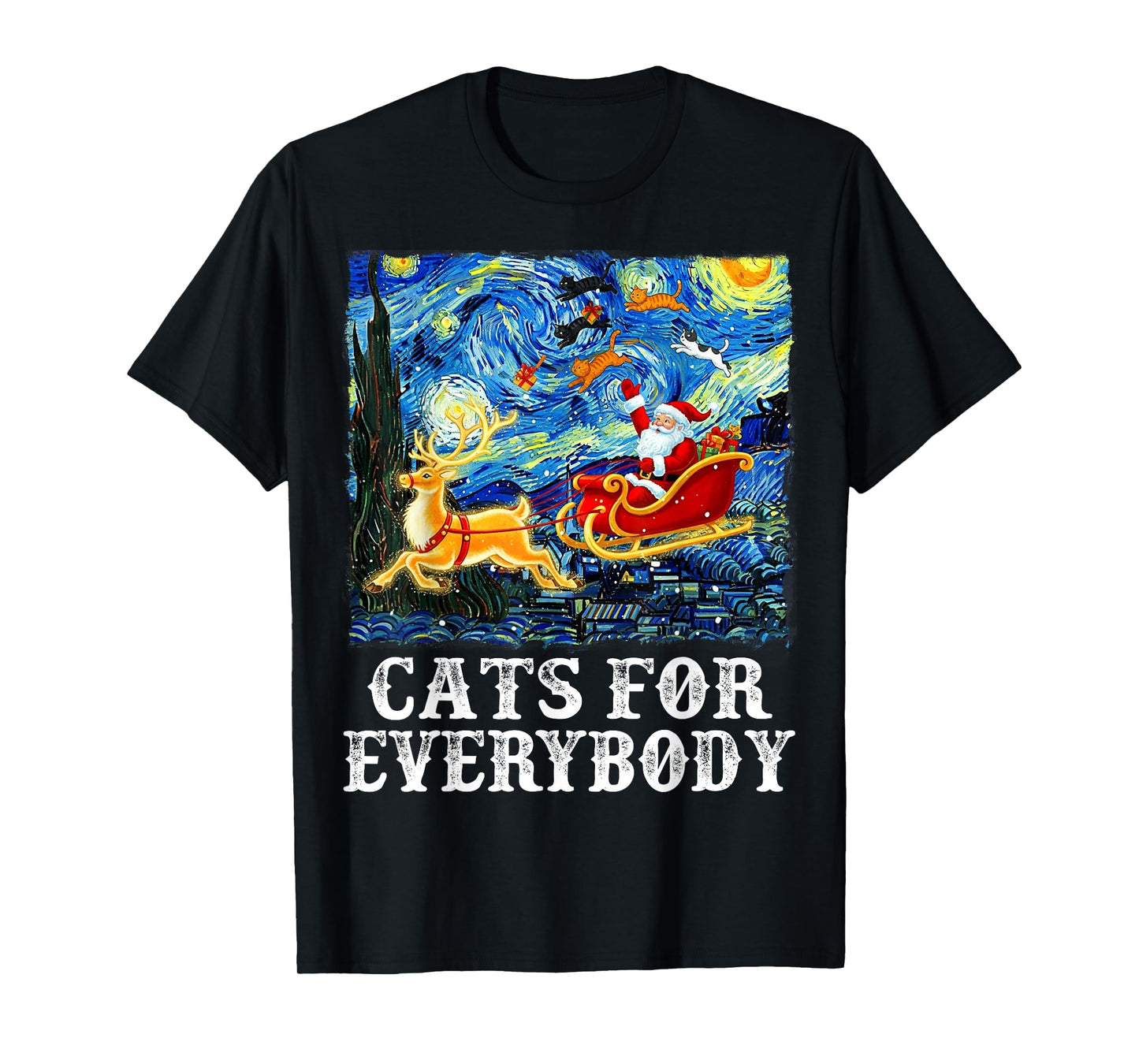 Cats for Everybody Funny Santa Reindeer Starry Night Xmas T-Shirt