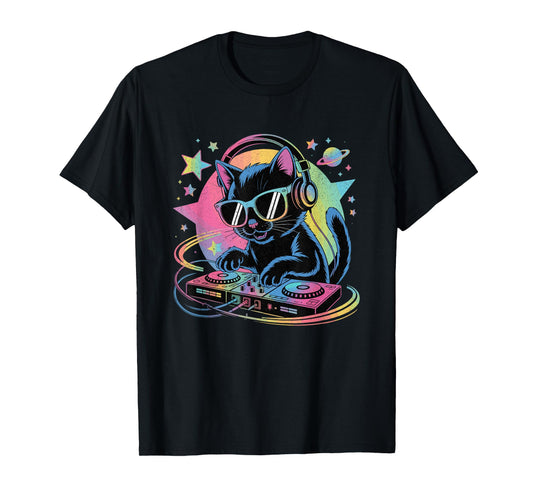 DJ Cat Cool Music Cat DJing on Turntable Funny Cat Lover T-Shirt