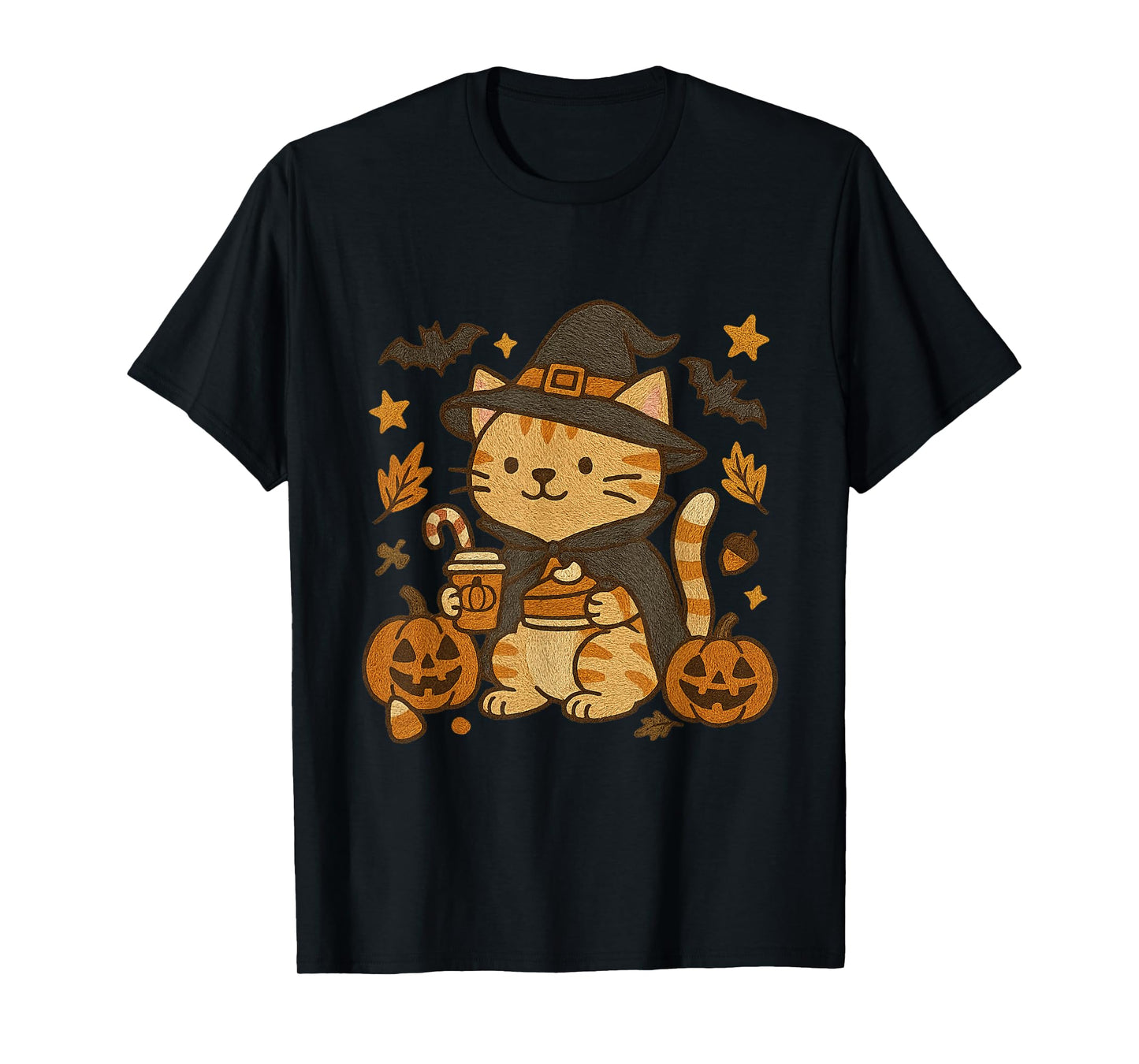 Witchy Cat with Pumpkin and Coffee Halloween Design T-Shirt