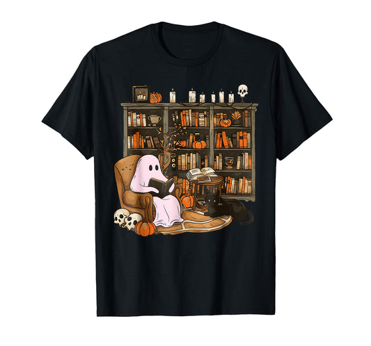 Vintage Ghost Book Reading Pumpkin Gothic Halloween Teachers T-Shirt