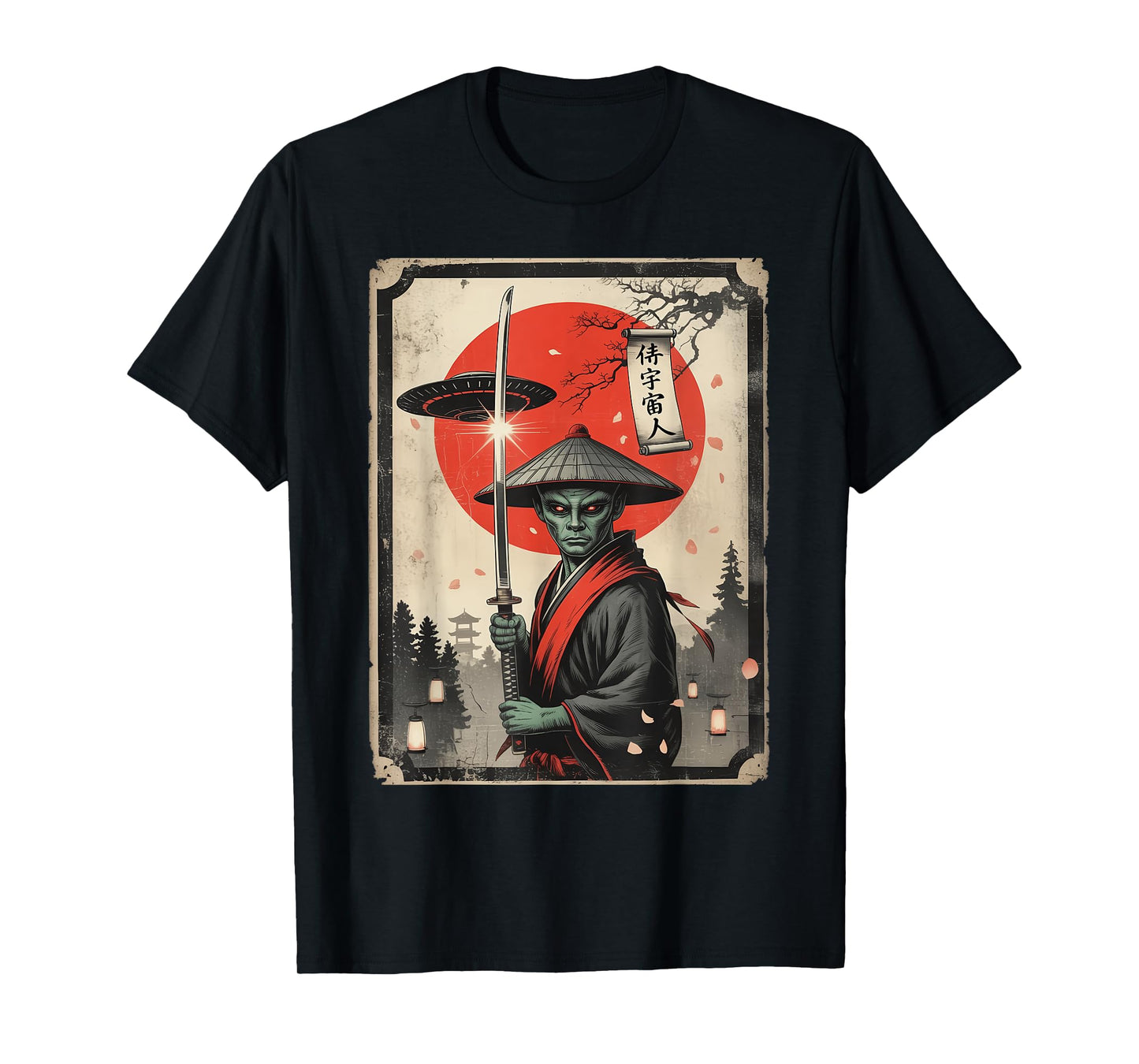 UFO Alien Samurai Japan Ukiyo-e Cyberpunk Manga Funny Art T-Shirt