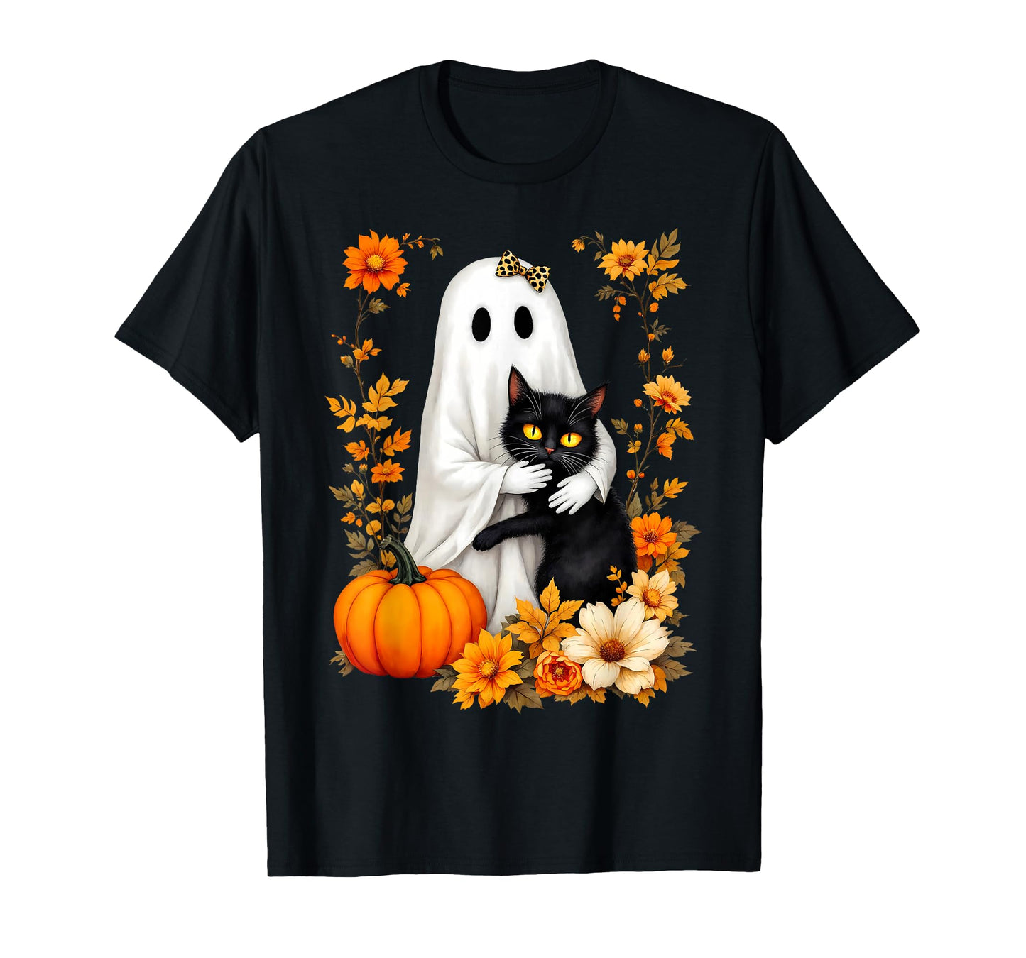 Ghost Hugging Black Cat Halloween Cats Lover Women Floral T-Shirt